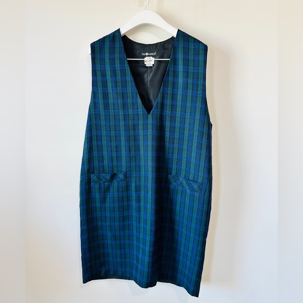 Vintage Green & Blue Plaid Vneck Vest Dress Size 16